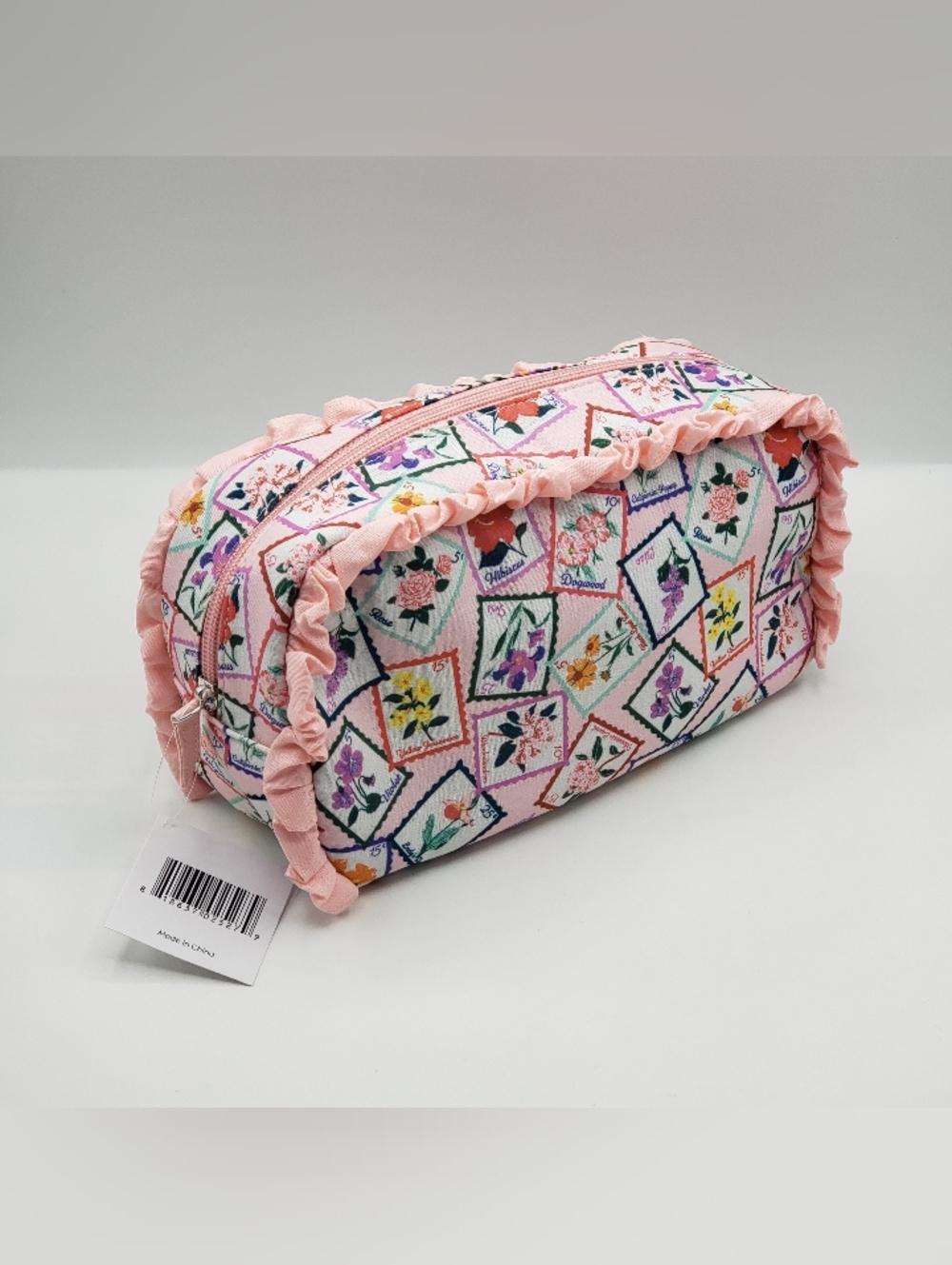 Floral Stamp Print Pink Ruffle Cosmetic Bag